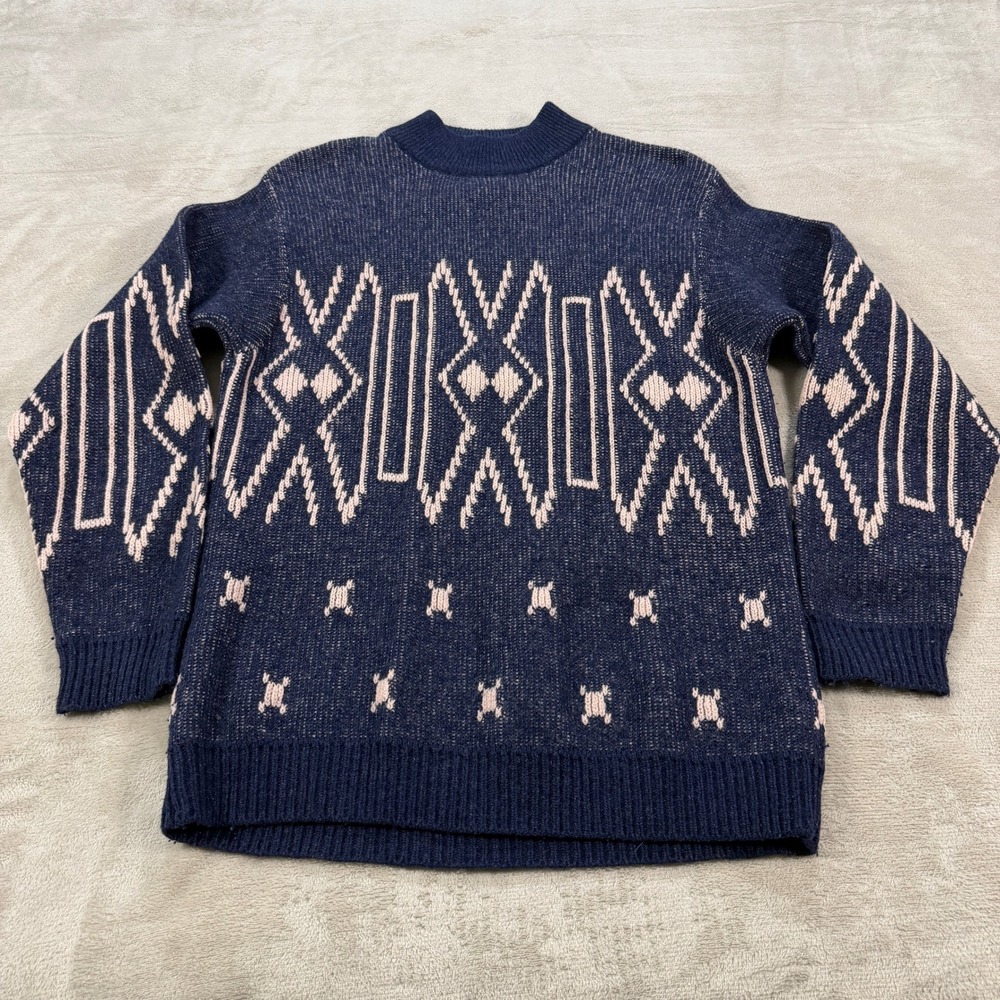 Vintage Benetton Mens Large Made in Italy Navy Blue Pink Geometric Knit Sweater